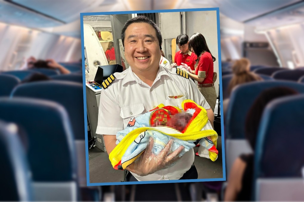 A commercial pilot who dashed from the cockpit of the plane he was flying from Taiwan to Thailand mid-flight to help deliver the baby of a passenger who had gone into labour in one of the aircraft’s toilets, has been hailed as a hero by people on social media in China. Photo: SCMP composite/Shutterstock/Instagram