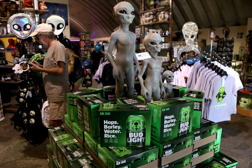 Boxes of alien-themed beer displayed at the Alien Research Centre in Hiko, Nevada. Photo: Reuters