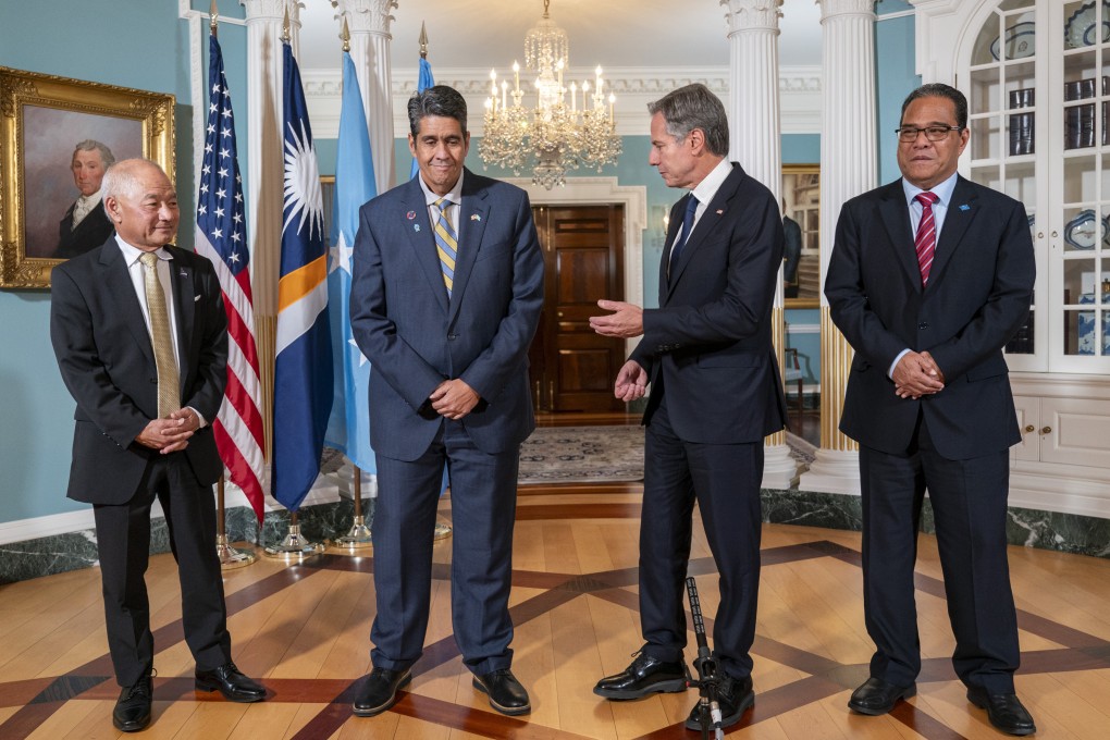 US Secretary of State Antony Blinken (centre right) with, from left, Marshall Islands Foreign Affairs Minister Jack Ading, Palau’s President Surangel Whipps Jnr and Micronesia’s President Wesley Simina, on September 26, 2023, in Washington. The Senate has approved a bill renewing Compacts of Free Association with the three island nations. Photo: AP