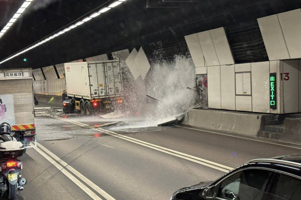 A medium goods vehicle crashed and ruptured a section of the tunnel’s inner pipes. Photo: Facebook/Kit Jai