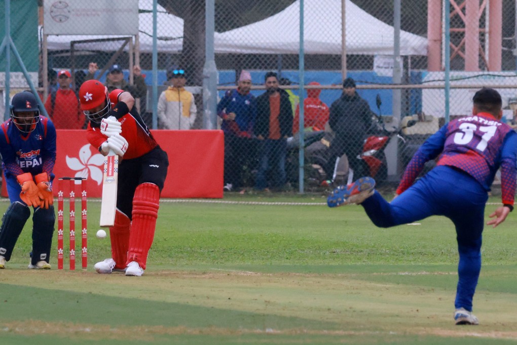 Hong Kong’s Nizakat Khan plays a shot during Sunday’s T20 international with Nepal, which was halted by rain. Photo: May Tse