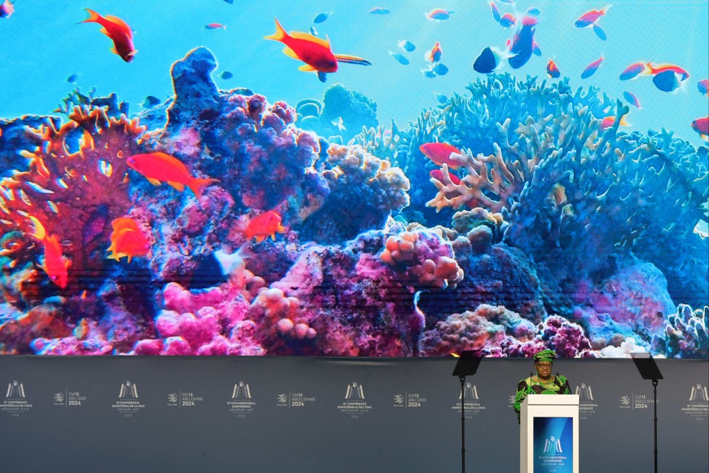 World Trade Organization Director General Ngozi Okonjo-Iweala addresses delegates during a session on fisheries subsidies during the 13th WTO Ministerial Conference in Abu Dhabi on February 26. Photo: AFP