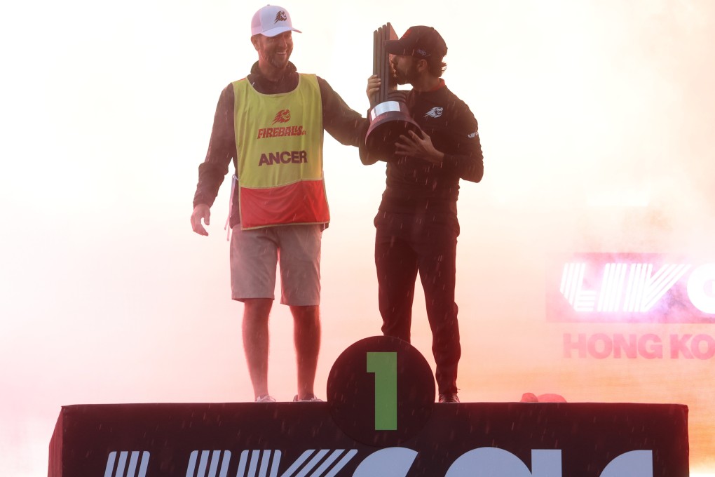 Caddie Dale Vallely (left) and Abraham Ancer celebrate after winning LIV Golf Hong Kong. Photo: Dickson Lee