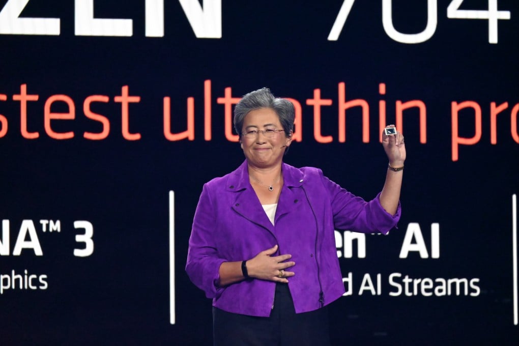 Advanced Micro Devices CEO Lisa Su holds up a chip during her keynote address at CES, formerly known as the Consumer Electronics Show, on January 4, 2023. In corporate America, white women and men are still more than twice as likely to reach the executive suite than their Asian counterparts. Photo: Matt Haldane