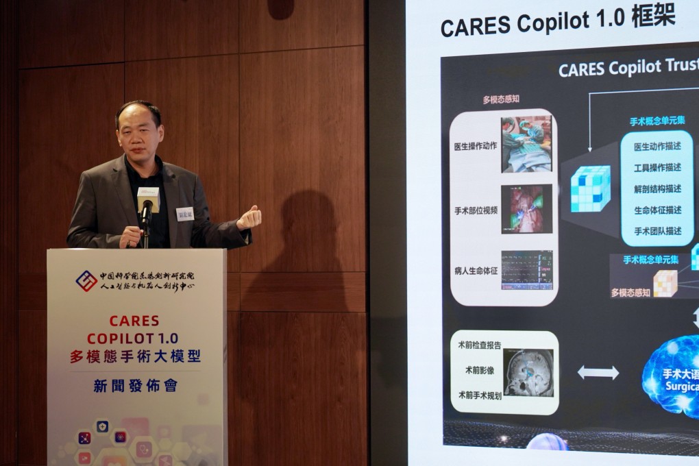 Liu Hongbin, executive director of the Centre for Artificial Intelligence and Robotics, shows the framework of the CARES Copilot 1.0 artificial intelligence model on Monday during a press conference at the Hong Kong Science Park. Photo: Kelly Le