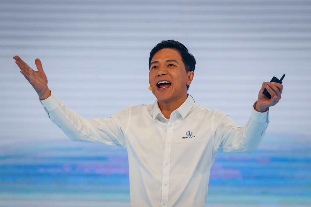 Baidu CEO Robin Li speaks during the ‘Prompt the World’ artificial intelligence event at Shougang Park in Beijing on October 17, 2023. Photo: EPA-EFE