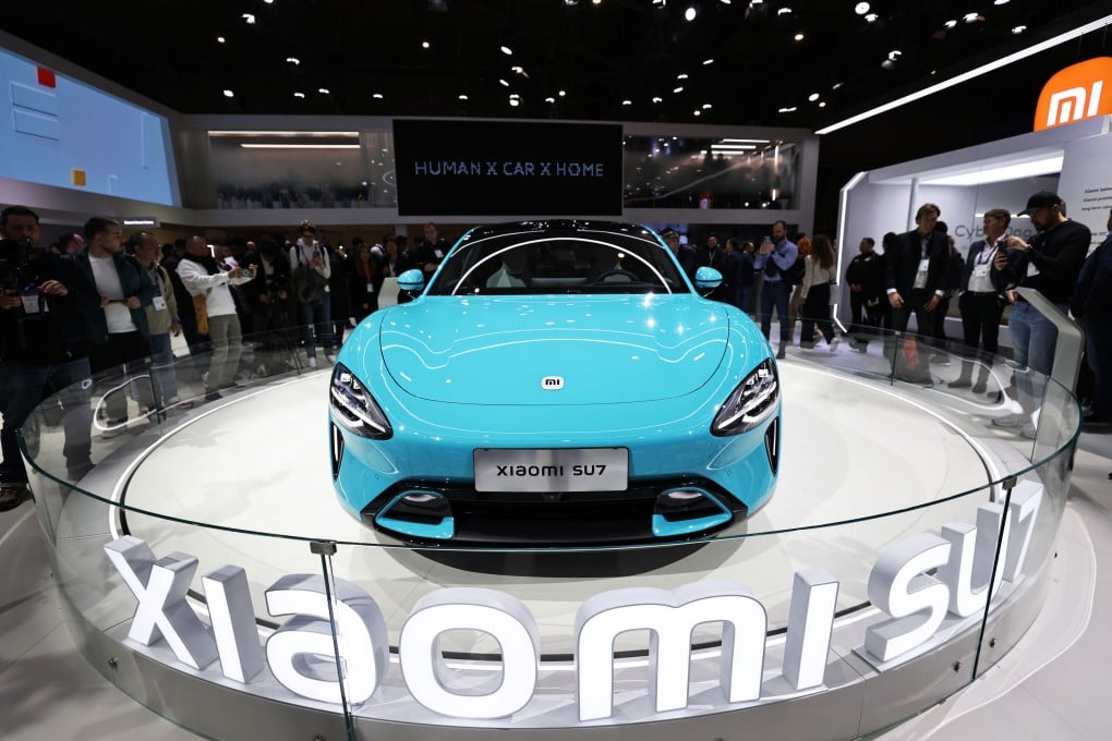 Xiaomi’s SU7 electric car is displayed at the Mobile World Congress in Barcelona, Spain, last month. Photo: Xinhua