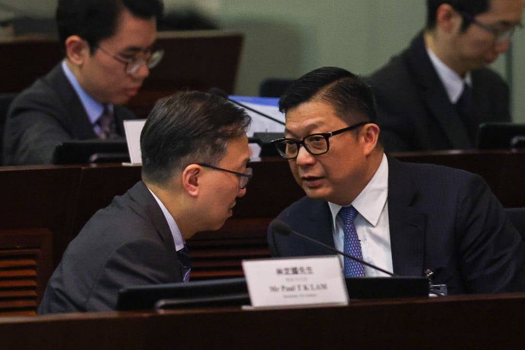 Justice minister Paul Lam (left) and security chief Chris Tang attend a bills committee meeting. Lawmakers are scrutinising the proposed domestic national security legislation. Photo: Yik Yeung-man
