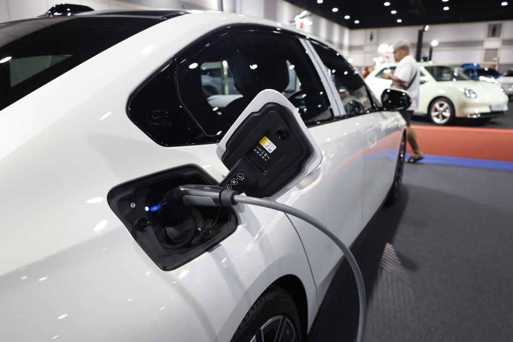 An electric vehicle (EV) being charged while on display at the Bangkok EV Expo 2024 on February 11, 2024. Photo: EPA-EFE