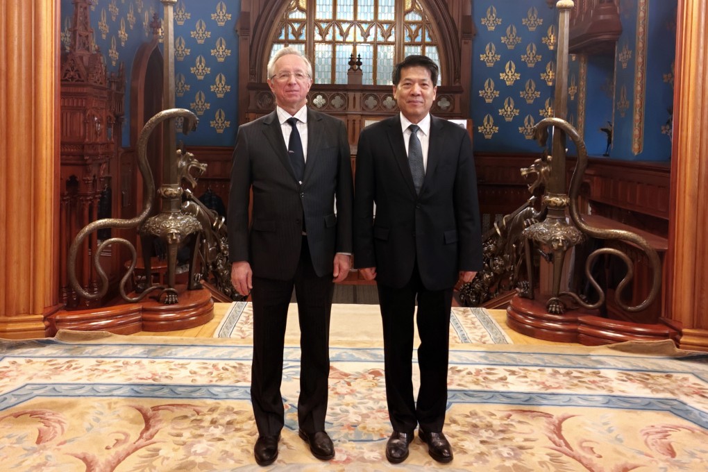 Russian Deputy Foreign Minister Mikhail Galuzin (left) poses with Li Hui, China’s special representative on Eurasian Affairs, in Moscow on March 2. China’s point man on Ukraine went on a tour to Russia and Europe to “mediate and build consensus” on how to end the war. Photo: Xinhua