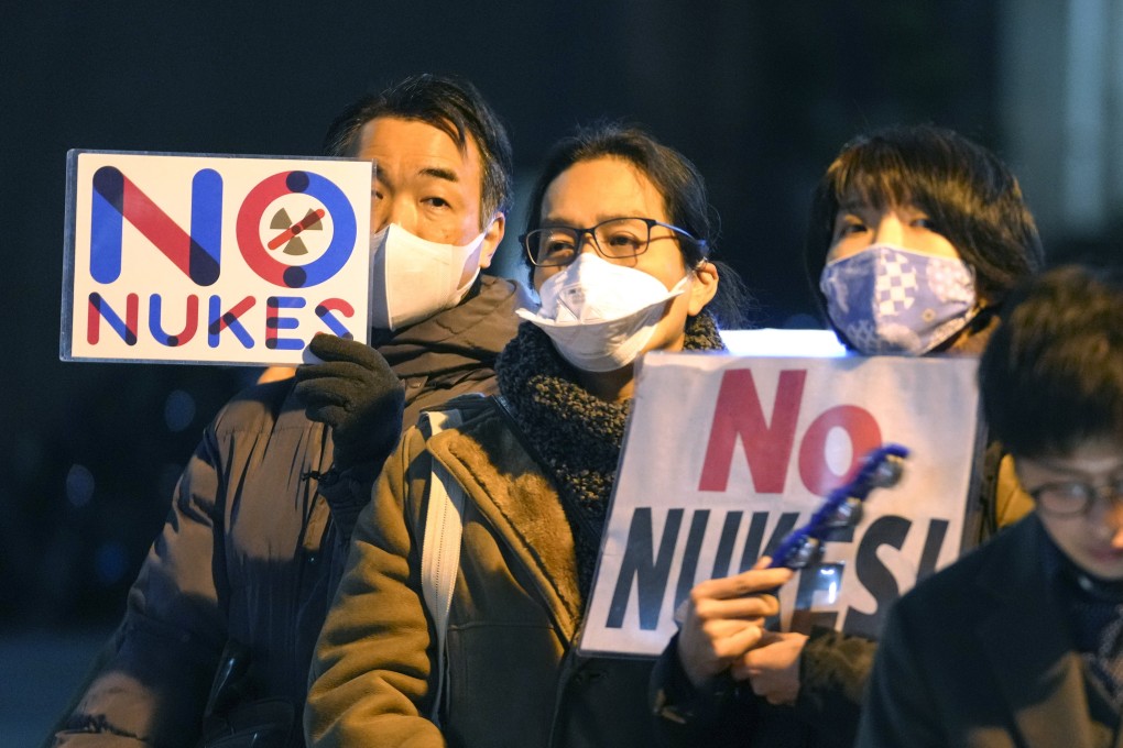 Demonstrators protest against nuclear power plants in Tokyo on Monday, marking the 13th anniversary of the 2011 earthquake and tsunami that triggered the nuclear accident at the Fukushima Daiichi plant. Photo: EPA-EFE