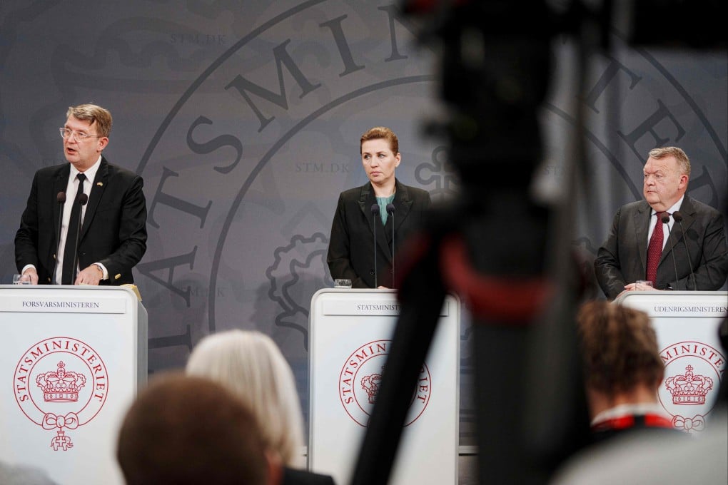 (From left) Minister of Defense Troels Lund Poulsen, Prime Minister Mette Frederiksen and Foreign Minister Lars Loekke Rasmussen give a press conference on strengthening the army. Photo: AFP