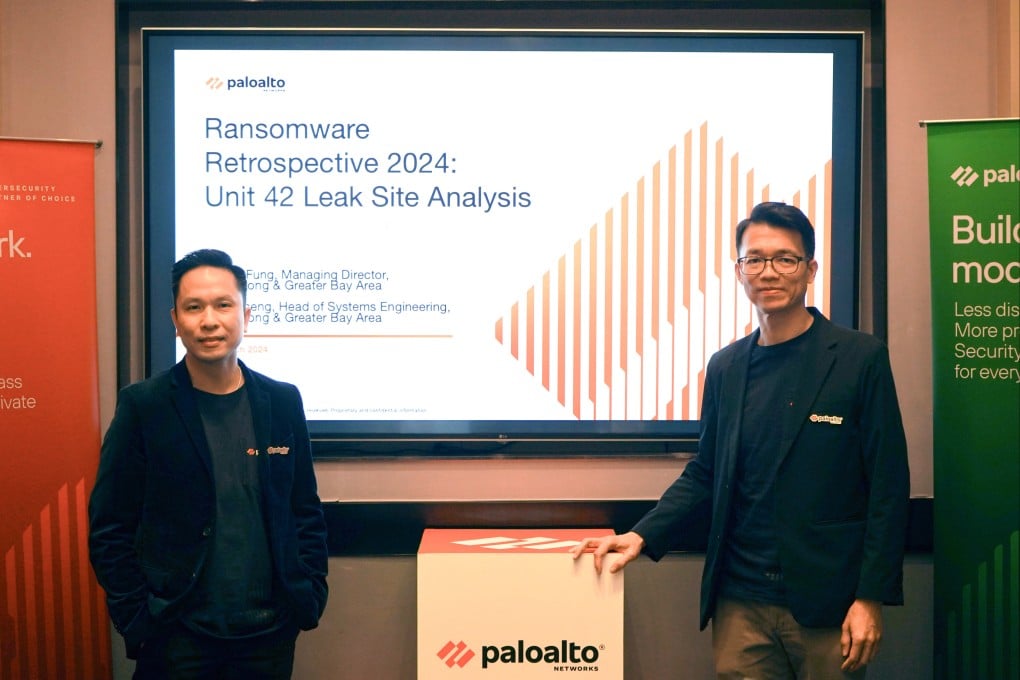 Palo Alto Networks’ Wickie Fung, managing director for Hong Kong and the Greater Bay Area, and Felix Cheng, head of systems engineering, at a press conference on the rise of ransomware attacks on March 13, 2024. Photo: Kelly Le