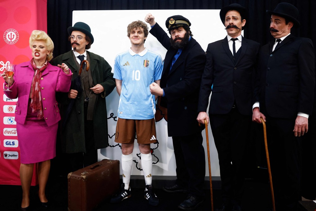 A model presents the Belgian football team’s new away jersey paying tribute to Belgian comics character Tintin and his associates at the Herge Museum in Louvain-La-Neuve on Thursday. Photo: AFP