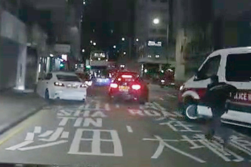 Hong Kong police have launched a manhunt for a hit-and-run driver after a pedestrian suffered serious injuries when she was struck by a white car (left) on Thursday night. Photo: Handout