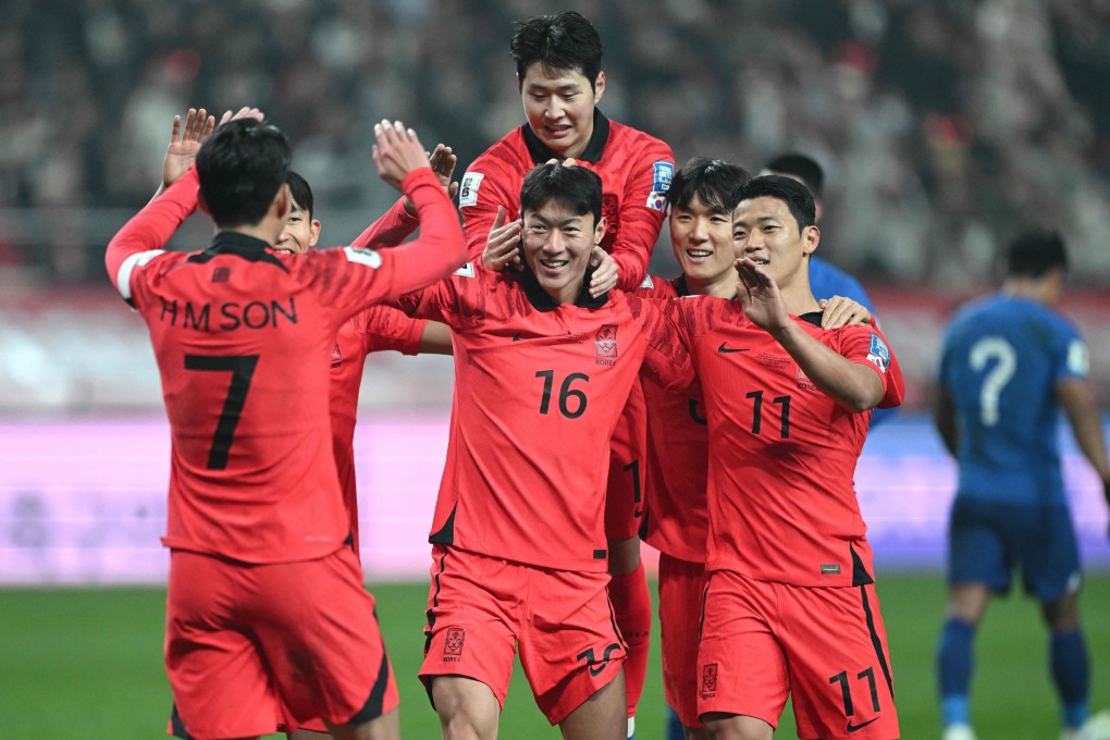 South Korean forward Hwang Ui-jo (wearing 16) after scoring a penalty kick against Singapore in their 2026 World Cup qualifier in Seoul last November. Photo: AFP