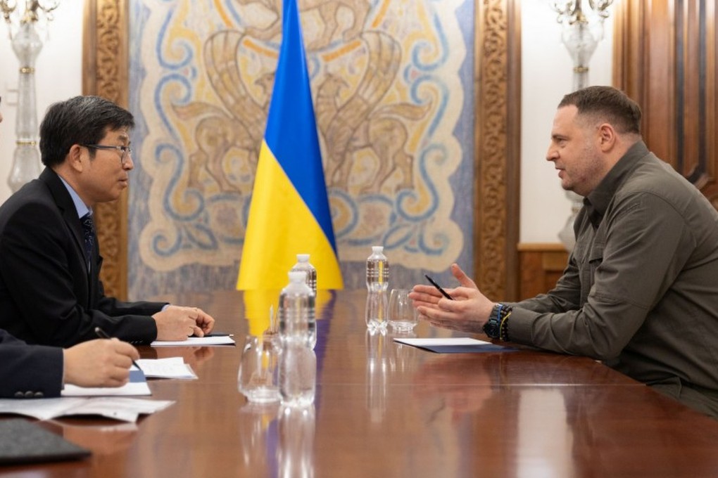 Andriy Yermak, head of Volodymyr Zelensky’s presidential office, meeting with Chinese ambassador Fan Xianrong and discussing preparations for an international leaders’ conference to be held in Switzerland, the office said in a statement. Photo: Ukraine Presidential Office