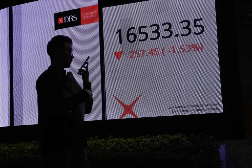 A pedestrian uses his phone as he passes an electronic sign showing the Hang Seng Index on February 28, 2024. Photo: AFP