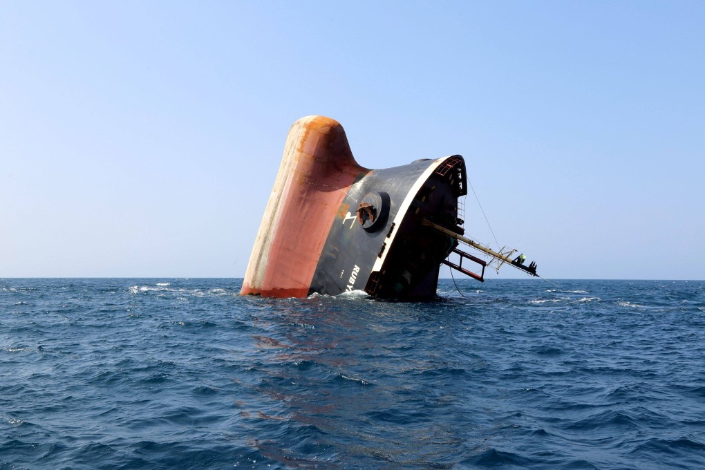 The Rubymar sinking in the Red Sea after it was attacked last month. Photo: AFP