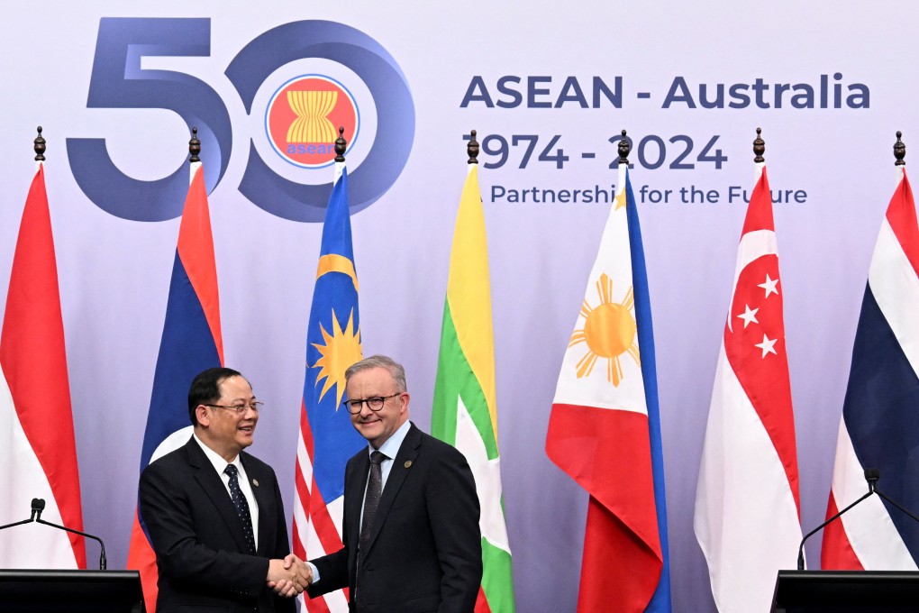 Australia’s Prime Minister Anthony Albanese (right) shakes hands with Laos’ Prime Minister Sonexay Siphandone, during the Asean-Australia Special Summit in Melbourne, Australia, on March 6. Photo: Reuters