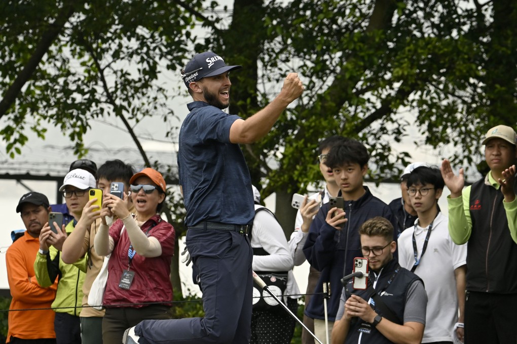 John Catlin celebrates his eagle putt on the 18th green and a score of 59 in the third round of the International Series Macau. Photo: Asian Tour