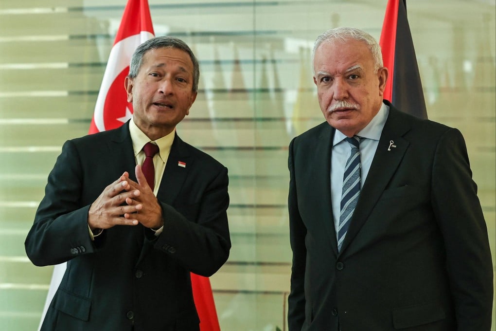 Singapore Foreign Minister Vivian Balakrishnan (left) meets his Palestinian counterpart Riyad al-Maliki in Ramallah in the occupied West Bank on March 18. Photo: AFP