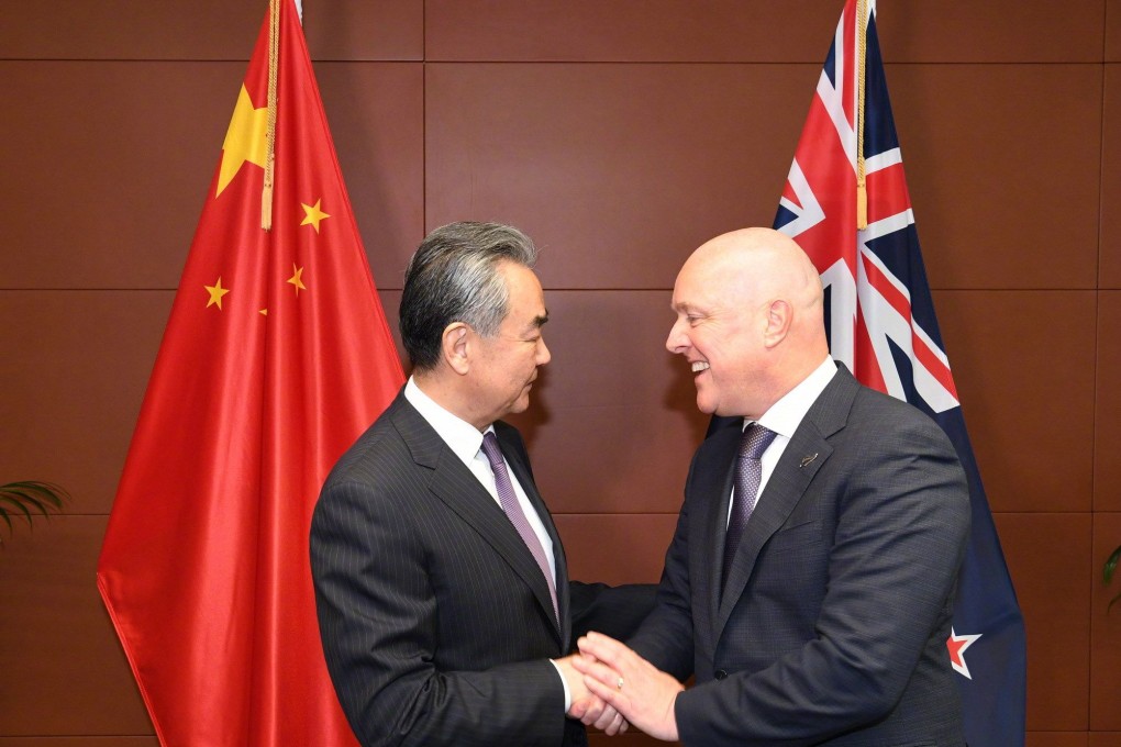 New Zealand Prime Minister Christopher Luxon greets Chinese Foreign Minister Wang Yi in Wellington. Photo: Chinese Ministry of Foreign Affairs