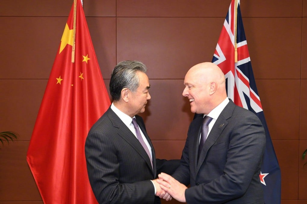 New Zealand Prime Minister Christopher Luxon greets Chinese Foreign Minister Wang Yi in Wellington. Photo: Chinese Ministry of Foreign Affairs
