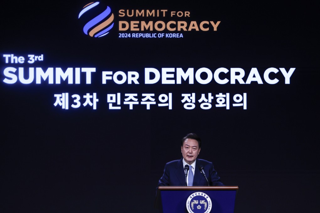 South Korean President Yoon Suk-yeol delivers remarks at the third Summit for Democracy in Seoul on Monday. Photo: AP