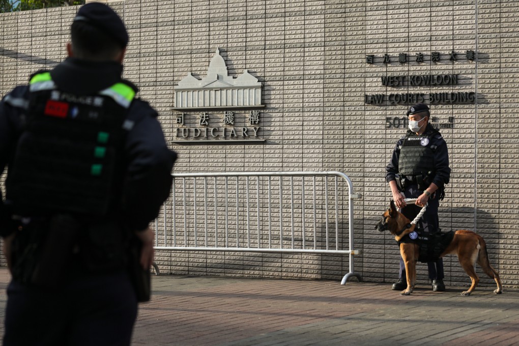 A heavy police presence in evidence in January around West Kowloon Court as the trial of tycoon Jimmy Lai on two conspiracy charges of collusion with foreign forces and one of conspiracy to print seditious publications. Photo: Xiaomei Chen