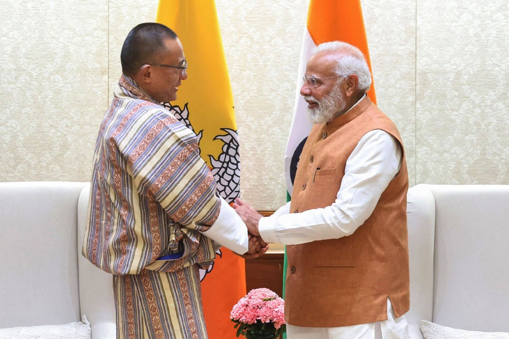 India’s Prime Minister Narendra Modi (right) and his Bhutanese counterpart Tshering Tobgay meet in New Delhi on March 14. Photo: PIB/AFP