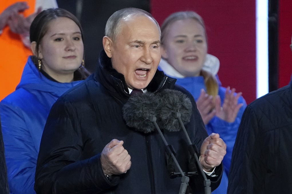 Russian President Vladimir Putin addressing a crowd in Red Square in Moscow on Monday. Photo: AP