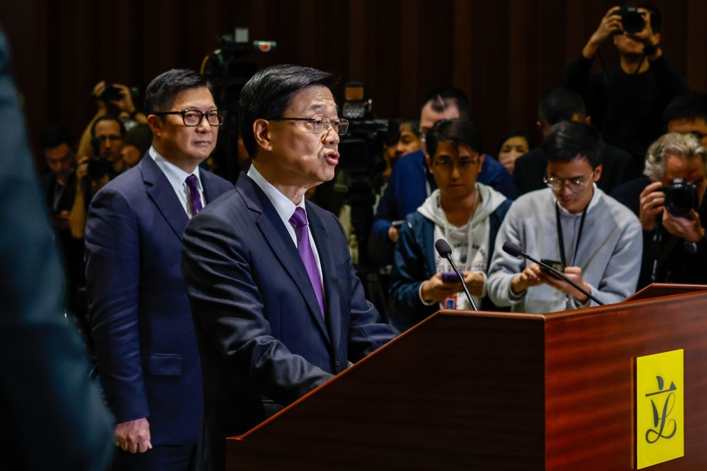 Hong Kong Chief Executive John Lee Ka-chiu speaks after Article 23, the city’s national security bill, won legislative passage in Hong Kong on Tuesday. Photo: EPA-EFE