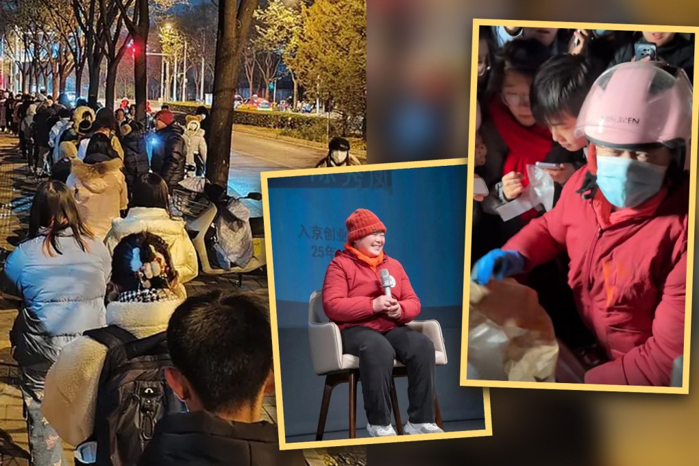 “Auntie Goose Legs” speaks at a top Chinese university to share her inspiring story after her street snacks became an internet sensation. Photo: SCMP composite/Douyin