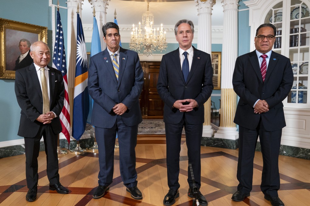 US Secretary of State Antony Blinken meets (from left) Marshall Islands Foreign Affairs and Trade Minister Jack Ading, Palau’s President Surangel Whipps Jnr and Micronesia’s President Wesley Simina (right) in September last year. Photo: AP