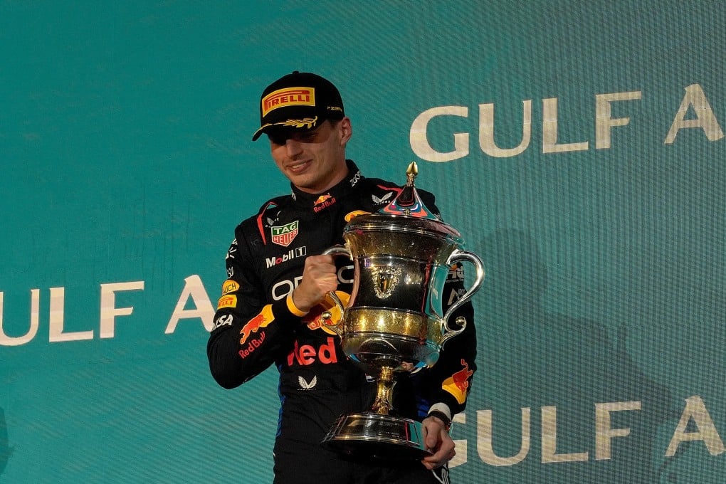Red Bull’s Max Verstappen celebrates on the podium after winning the Bahrain Grand Prix. Photo: DPA