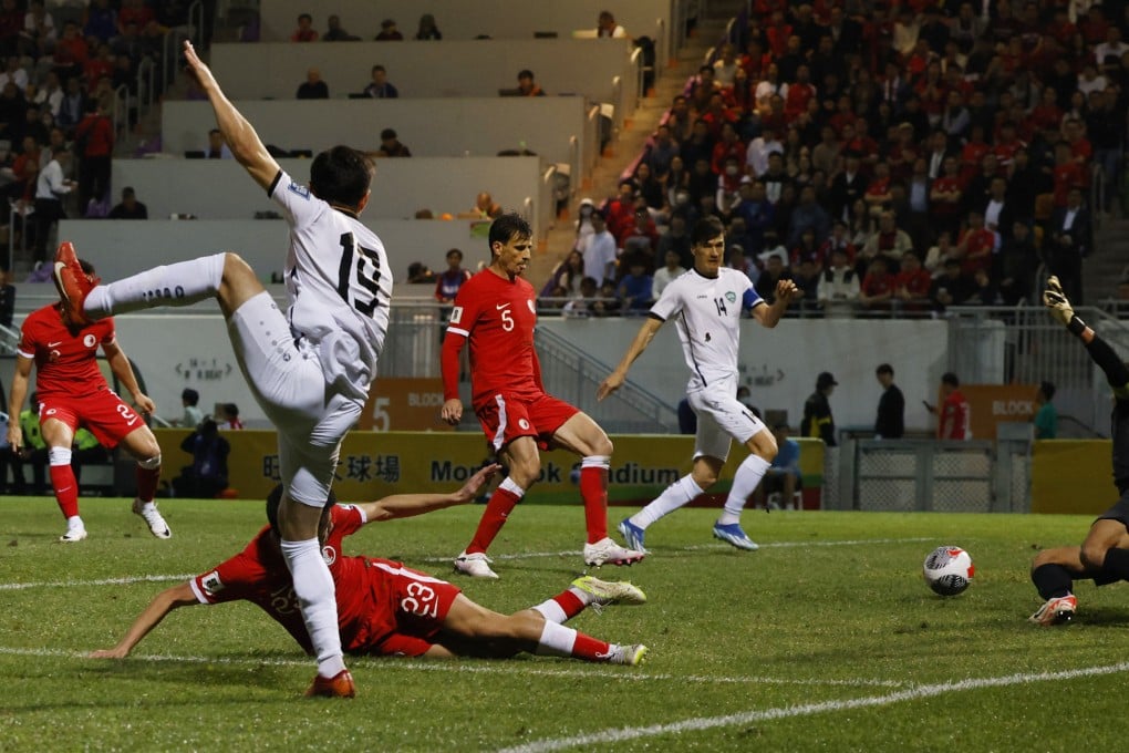 Eldor Shomurodov (right) scores Uzbekistan’s first goal against Hong Kong in their 2-0 win on Thursday at Mong Kok Stadium. Photo: Reuters