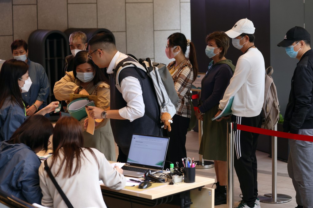 Potential home buyers line up for eResidence Tower 3 at Hong Kong Urban Renewal Authority’s Cheung Sha Wan office, March 18, 2024. Photo: Yik Yeung-man