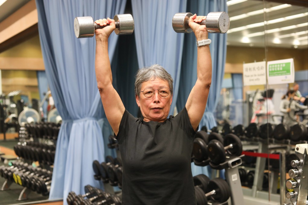 Catherine Chow, 70, lifting weights. She goes to the gym three times a week. Photo: Sun Yeung