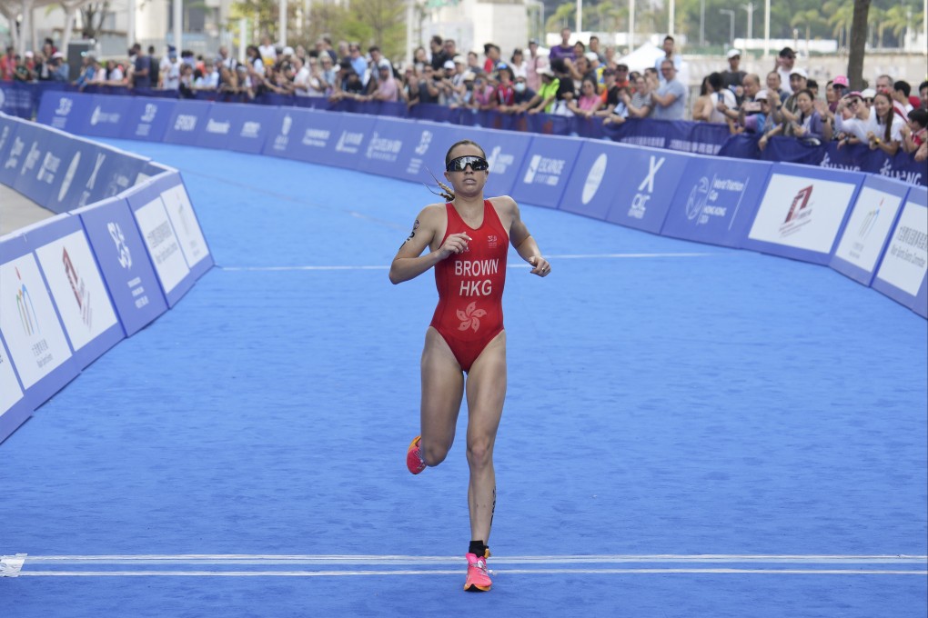Hong Kong’s Bailee Brown crosses the finish line in the World Triathlon Cup event in the city. Photo: Elson Li