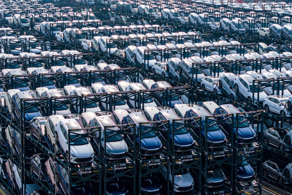 BYD electric cars waiting to be loaded onto a ship are seen stacked at the international container terminal of Taicang Port in Suzhou, in China’s eastern Jiangsu province on February 8, 2024. Photo: AFP