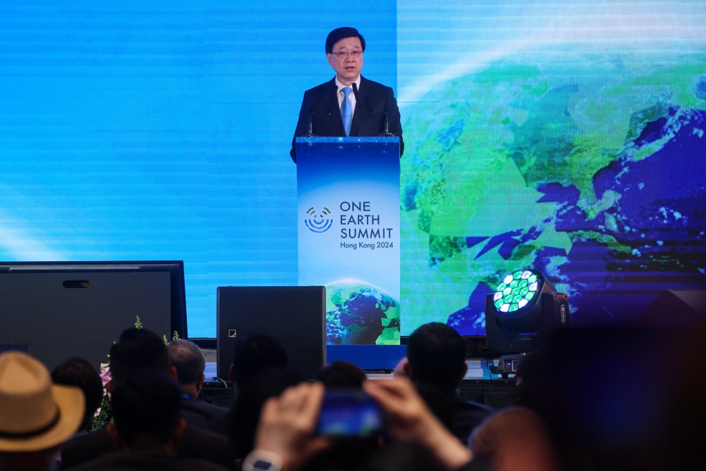 Chief Executive John Lee Ka-chiu speaks at the inaugural One Earth Summit at Regala Skycity Hotel in Hong Kong on March 25, 2024. Photo: Jonathan Wong