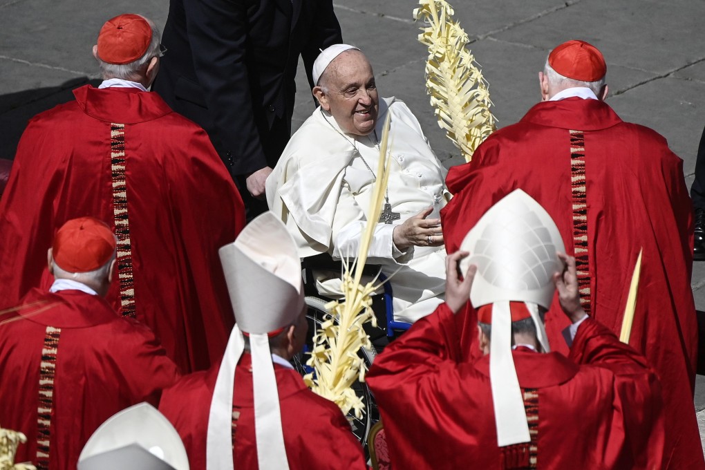 Pope Francis greets cardinals in Saint Peter’s Square, Vatican City, Rome on Palm Sunday. Photo: EPA-EFE