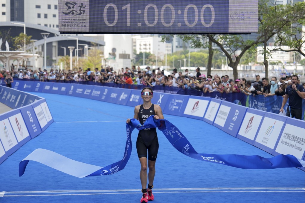 Sian Rainsley won the Hong Kong leg of the World Triathlon Cup, but the wrong national anthem was played after she received her gold medal. Photo: Elson Li