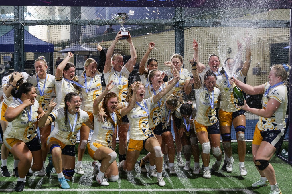 RKS Legal Samurai Warriors team members celebrate after winning the 2023 Tradition HKFC 10s at Football Club. Photo: Yik Yeung-man