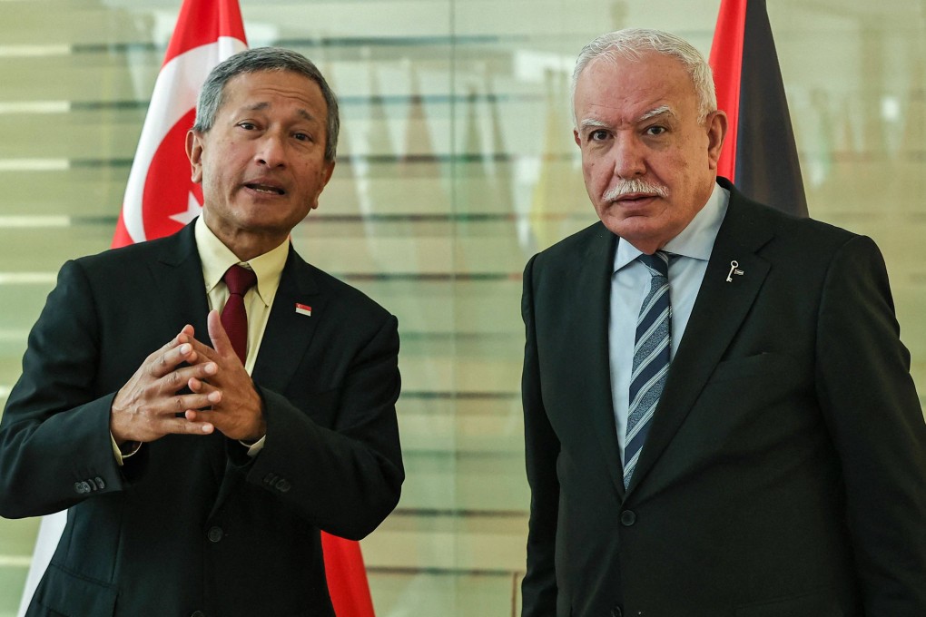 Singapore’s Foreign Minister Vivian Balakrishnan meets his Palestinian counterpart Riyad al-Maliki (right) in Ramallah in the occupied West Bank earlier this month. Responding to the Facebook post, Balakrishnan said it was “highly inappropriate to refer to sacred texts to make political points”. Photo: AFP