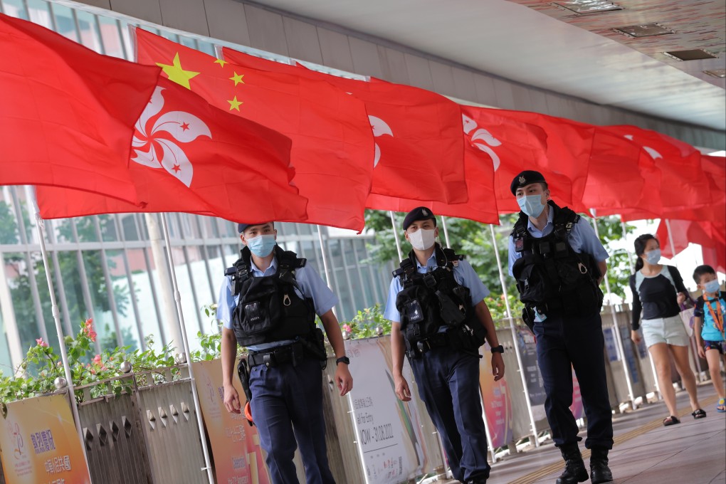 Flags on a bridge in Wan Chai. John Lee says authorities will combine education on national security, patriotism and Chinese culture to prevent risks to the country’s safety. Photo: Jelly Tse