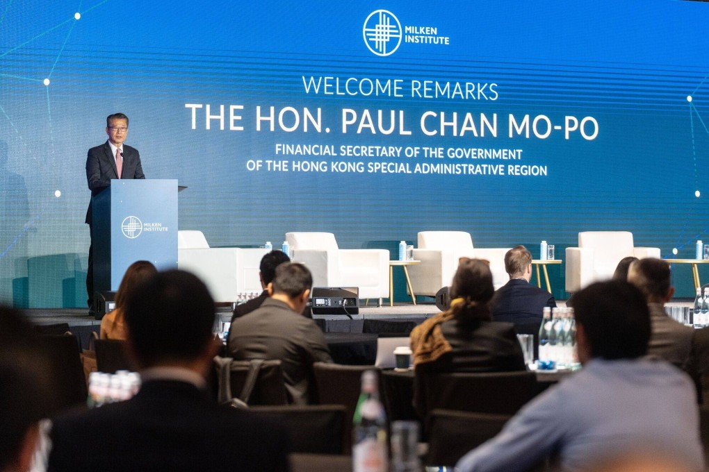 Financial Secretary Paul Chan delivers the welcome remarks at the Milken Institute Global Investors’ symposium in Hong Kong on Tuesday. Photo: Bloomberg