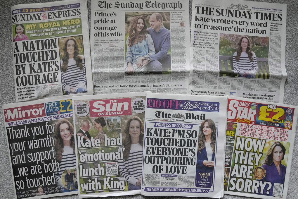 A montage of the front pages of some of Britain’s Sunday newspapers carrying news about Princess Kate on March 24. Photo: AP