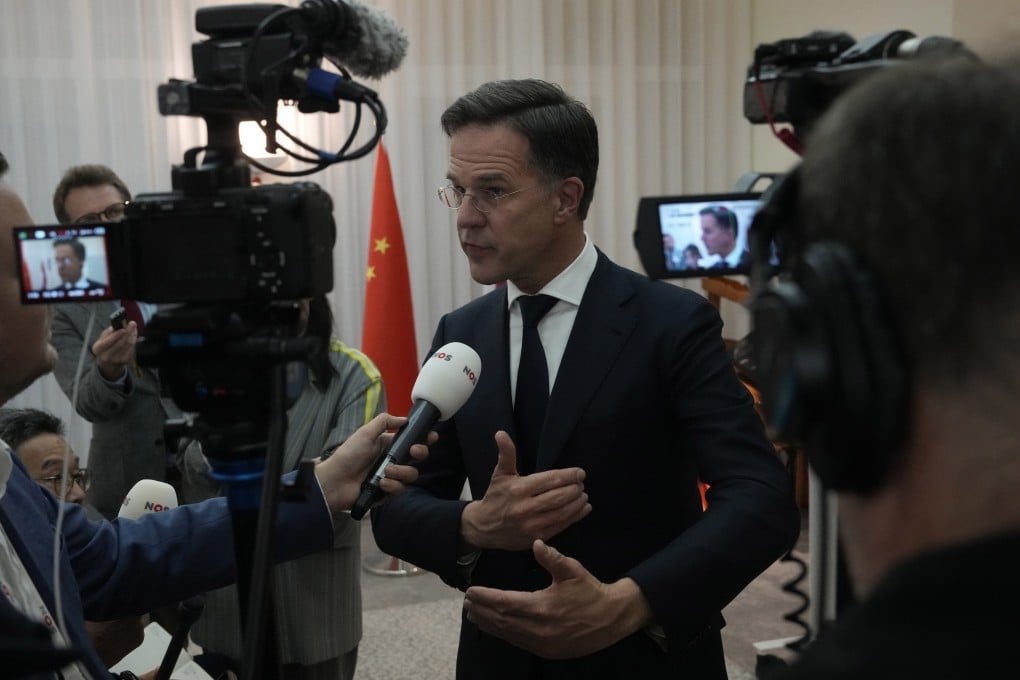 Dutch Prime Minister Mark Rutte speaks to journalists at the country’s embassy in Beijing. Photo: AP